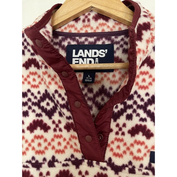 Lands End Heritage Quarter Snap Fleece Pullover Large Burgundy Orange Fair Isle - Picture 3 of 5
